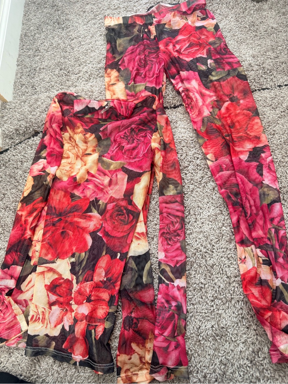 Floral Wide-Leg Mesh Pants in Red Multi